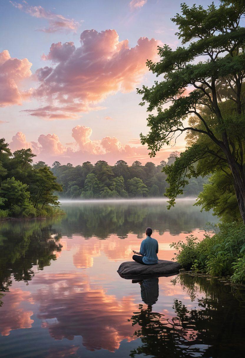 A serene landscape depicting a person meditating by a tranquil lake at sunrise, surrounded by lush green trees and soft pink clouds. The water reflects the vibrant colors of the sky, symbolizing inner peace and self-awareness. Include gentle ripples on the lake to illustrate calmness. super-realistic. vibrant colors. peaceful atmosphere.