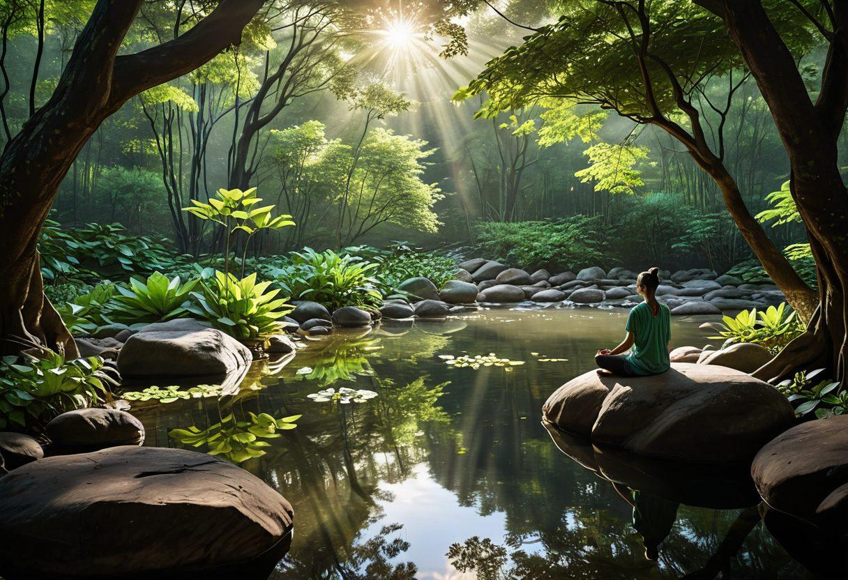 A serene landscape featuring a tranquil forest with sunlight filtering through the trees, a person meditating on a rock by a peaceful stream, gentle ripples in the water reflecting the greenery, soft ethereal light enhancing the spiritual ambiance, and symbols of mindfulness like lotus flowers and feathers subtly integrated. super-realistic. vibrant colors. peaceful atmosphere.