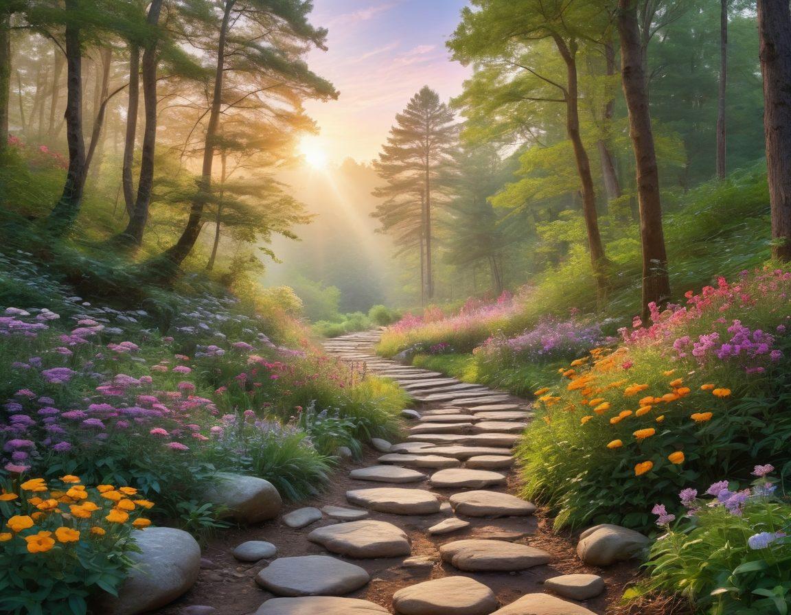 A serene landscape illustrating a winding path through a lush forest, symbolizing a journey filled with vibrant flowers and uplifting quotes on stones along the way. Silhouettes of diverse people engaged in mindful practices like meditation, journaling, and deep breathing can be seen. A soft sunrise illuminates the scene, embodying hope and renewal. whimsical style. pastel colors.